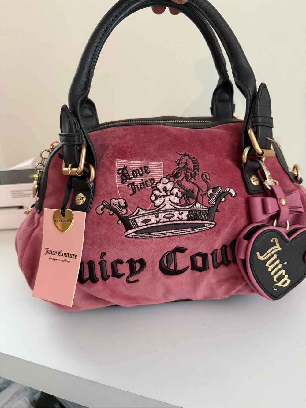 Juicy Couture Rose Pink Velvet Satchel with Black Trim & Gold Hardware